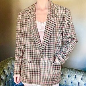Vintage Plaid Wool Blazer Medium Neutral Check Preppy Jacket USA Made